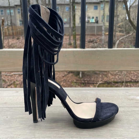 Michael Kors Daphne Black Fringe Platform Open Toe Stiletto Sandals Shoes 39.5 - Picture 13 of 16